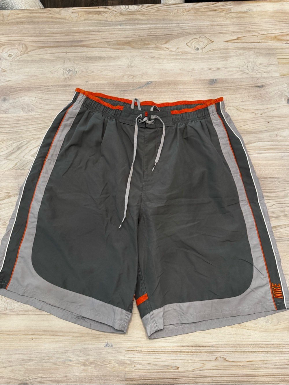 Nike Men's Y2K Black and Gray Athletic Swim Shorts with Orange Trim
